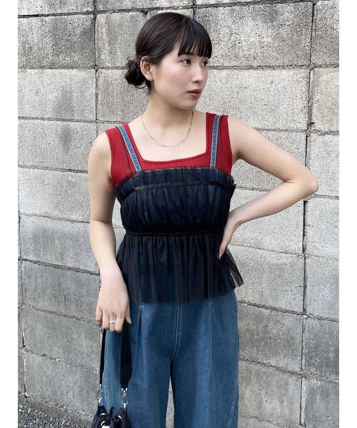 MURUA（ムルーア）の「チュールーフリルビスチェ（キャミソール・レディース・ブラック/ライトグリーン・FREE）」の11枚目の写真