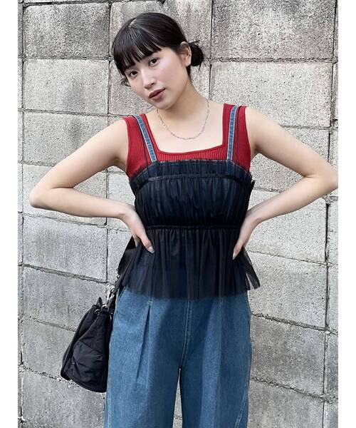 MURUA（ムルーア）の「チュールーフリルビスチェ（キャミソール・レディース・ブラック/ライトグリーン・FREE）」の12枚目の写真