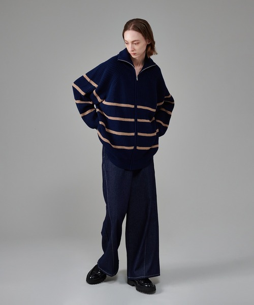 ONCILY(オンシェリー)の「FULL ZIP BORDER KNIT / フルジップボーダーニット(ニット/セーター・メンズ・ネイビー/ブルー・MEDIUM/LARGE)」の6枚目の写真