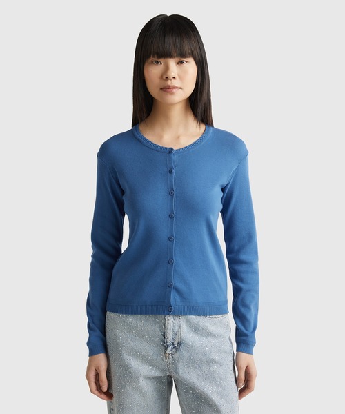 BENETTON (UNITED COLORS OF BENETTON)(ベネトンユナイテッドカラーズオブベネトン)の「コットン100%無地クルーネック長袖カーディガン(カーディガン/ボレロ・レディース・ピンク/ライトブルー/ラベンダー/ブルー・X-SMALL/SMALL/MEDIUM/LARGE)」の3枚目の写真
