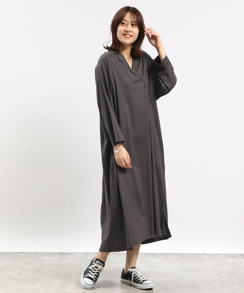 GLOBAL WORK Smile Seed Store(グローバルワーク スマイルシードストア)の「リネン混スキッパーワンピース/180963(シャツワンピース・レディース・グレー/ブラック/ブルー系その他5/ダークグレー・LARGE/MEDIUM)」の3枚目の写真