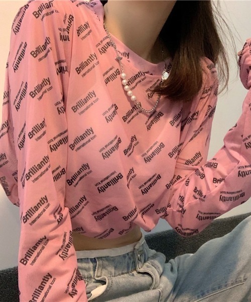 LADY LIKE(レディライク)の「ランダムロゴプリントシアートップス(Tシャツ/カットソー・レディース・ピンク/ホワイト/ブラック/グリーン・M)」の4枚目の写真