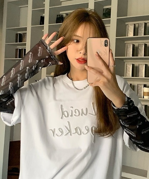 LADY LIKE(レディライク)の「ランダムロゴプリントシアートップス(Tシャツ/カットソー・レディース・ピンク/ホワイト/ブラック/グリーン・M)」の18枚目の写真