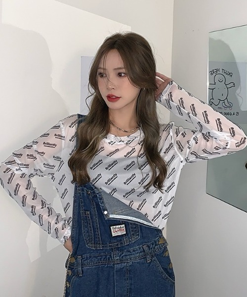 LADY LIKE(レディライク)の「ランダムロゴプリントシアートップス(Tシャツ/カットソー・レディース・ピンク/ホワイト/ブラック/グリーン・M)」の8枚目の写真