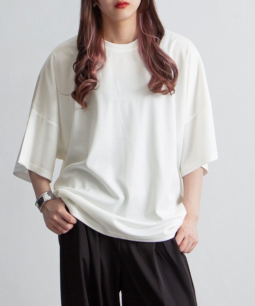 NILWAY（ニルウェイ）の「ドルマン ドレープ オーバーサイズ 半袖Tシャツ / ポンチ ビッグシルエット 5分袖 ドレープカットソー（Tシャツ/カットソー・メンズ・チャコール/ホワイト/ブラック/グレー・MEDIUM/LARGE）」の14枚目の写真