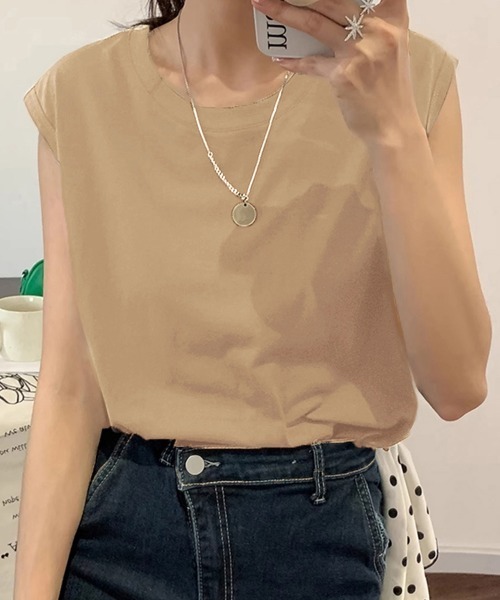 Miniministore(ミニミニストア)の「フレンチスリーブ Tシャツ白黒レディース 夏服ノースリーブ袖なし(Tシャツ/カットソー・レディース・イエロー/ブラック/ホワイト/ネイビー/ベージュ/キャメル・FREE)」の3枚目の写真