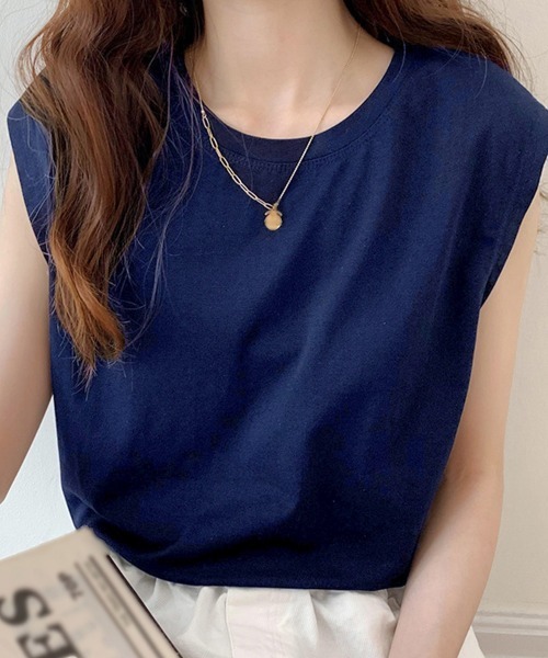 Miniministore(ミニミニストア)の「フレンチスリーブ Tシャツ白黒レディース 夏服ノースリーブ袖なし(Tシャツ/カットソー・レディース・イエロー/ブラック/ホワイト/ネイビー/ベージュ/キャメル・FREE)」の4枚目の写真
