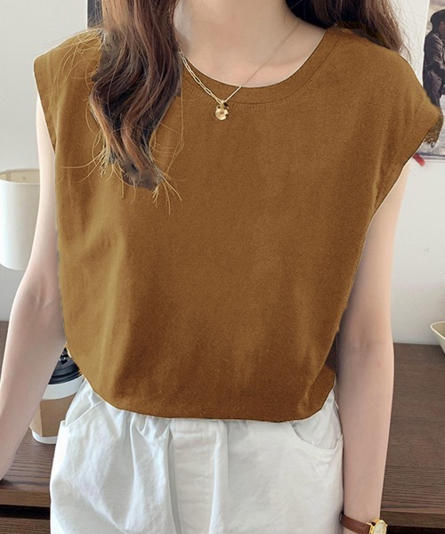 Miniministore(ミニミニストア)の「フレンチスリーブ Tシャツ白黒レディース 夏服ノースリーブ袖なし(Tシャツ/カットソー・レディース・イエロー/ブラック/ホワイト/ネイビー/ベージュ/キャメル・FREE)」の6枚目の写真