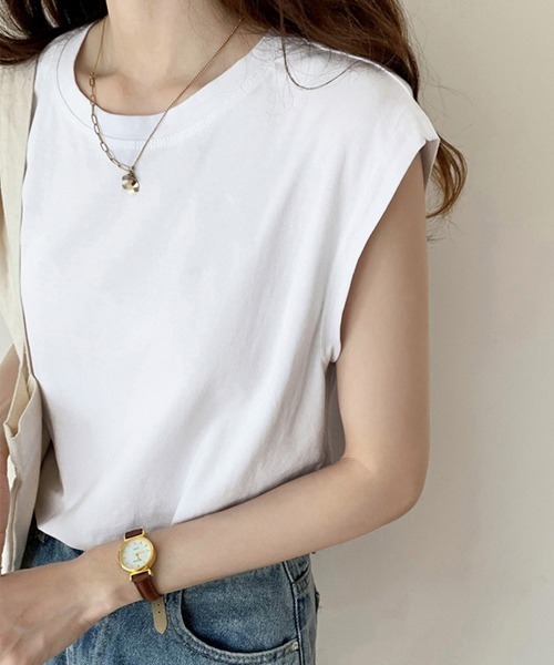 Miniministore(ミニミニストア)の「フレンチスリーブ Tシャツ白黒レディース 夏服ノースリーブ袖なし(Tシャツ/カットソー・レディース・イエロー/ブラック/ホワイト/ネイビー/ベージュ/キャメル・FREE)」の1枚目の写真