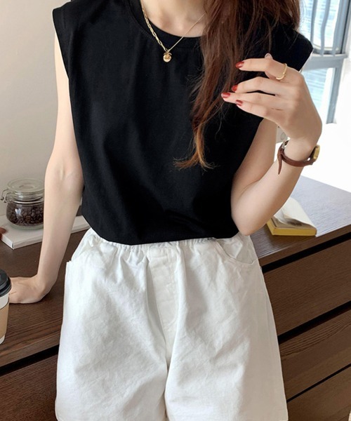 Miniministore(ミニミニストア)の「フレンチスリーブ Tシャツ白黒レディース 夏服ノースリーブ袖なし(Tシャツ/カットソー・レディース・イエロー/ブラック/ホワイト/ネイビー/ベージュ/キャメル・FREE)」の7枚目の写真