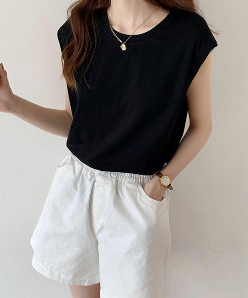 Miniministore(ミニミニストア)の「フレンチスリーブ Tシャツ白黒レディース 夏服ノースリーブ袖なし(Tシャツ/カットソー・レディース・イエロー/ブラック/ホワイト/ネイビー/ベージュ/キャメル・FREE)」の8枚目の写真