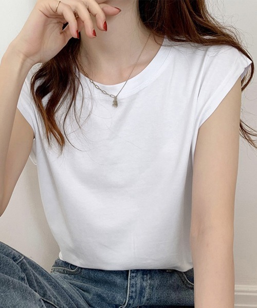 Miniministore(ミニミニストア)の「フレンチスリーブ Tシャツ白黒レディース 夏服ノースリーブ袖なし(Tシャツ/カットソー・レディース・イエロー/ブラック/ホワイト/ネイビー/ベージュ/キャメル・FREE)」の9枚目の写真