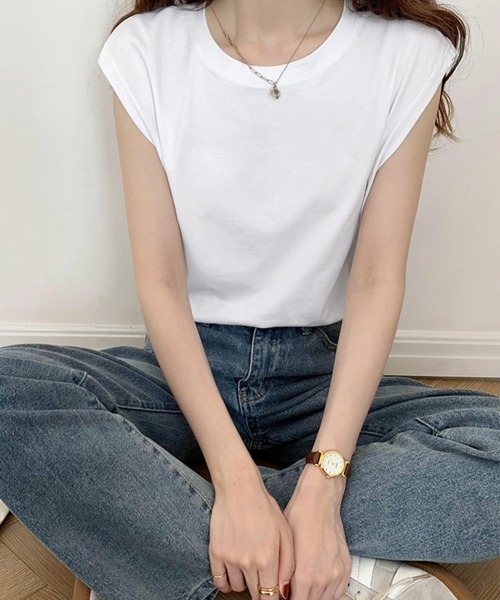 Miniministore(ミニミニストア)の「フレンチスリーブ Tシャツ白黒レディース 夏服ノースリーブ袖なし(Tシャツ/カットソー・レディース・イエロー/ブラック/ホワイト/ネイビー/ベージュ/キャメル・FREE)」の10枚目の写真