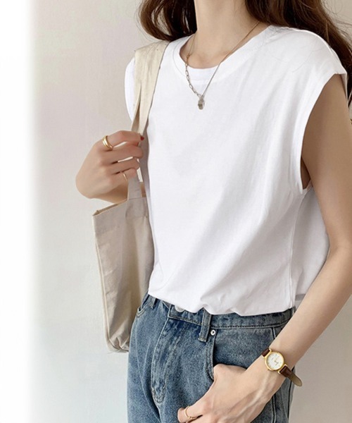 Miniministore(ミニミニストア)の「フレンチスリーブ Tシャツ白黒レディース 夏服ノースリーブ袖なし(Tシャツ/カットソー・レディース・イエロー/ブラック/ホワイト/ネイビー/ベージュ/キャメル・FREE)」の11枚目の写真