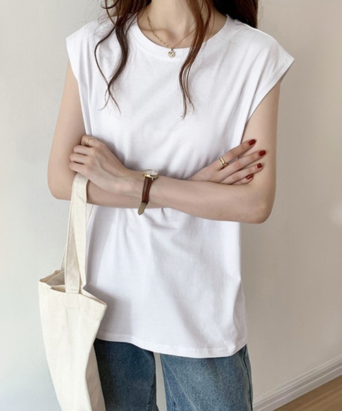 Miniministore(ミニミニストア)の「フレンチスリーブ Tシャツ白黒レディース 夏服ノースリーブ袖なし(Tシャツ/カットソー・レディース・イエロー/ブラック/ホワイト/ネイビー/ベージュ/キャメル・FREE)」の12枚目の写真