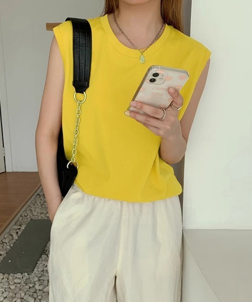 Miniministore(ミニミニストア)の「フレンチスリーブ Tシャツ白黒レディース 夏服ノースリーブ袖なし(Tシャツ/カットソー・レディース・イエロー/ブラック/ホワイト/ネイビー/ベージュ/キャメル・FREE)」の15枚目の写真