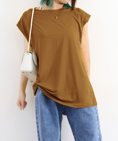 Miniministore(ミニミニストア)の「フレンチスリーブ Tシャツ白黒レディース 夏服ノースリーブ袖なし(Tシャツ/カットソー・レディース・イエロー/ブラック/ホワイト/ネイビー/ベージュ/キャメル・FREE)」の18枚目の写真