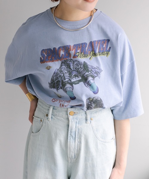 PUAL CE CIN（ピュアルセシン）の「ヴィンテージライク"Space Travel"T（Tシャツ/カットソー・レディース・チャコールグレー/ベージュ/ブルー・FREE）」の3枚目の写真