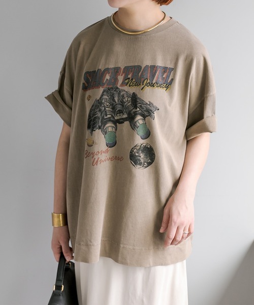PUAL CE CIN（ピュアルセシン）の「ヴィンテージライク"Space Travel"T（Tシャツ/カットソー・レディース・チャコールグレー/ベージュ/ブルー・FREE）」の5枚目の写真