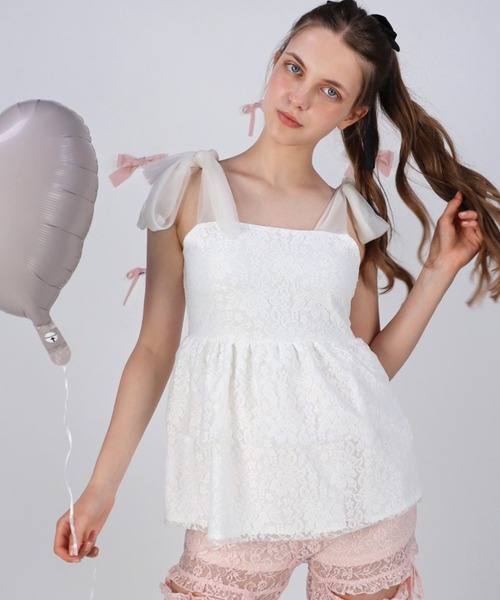 TITTY&CO.（ティティーアンドコー）の「リボンチュールレーストップス（キャミソール・レディース・ブラック/ホワイト・FREE）」の2枚目の写真