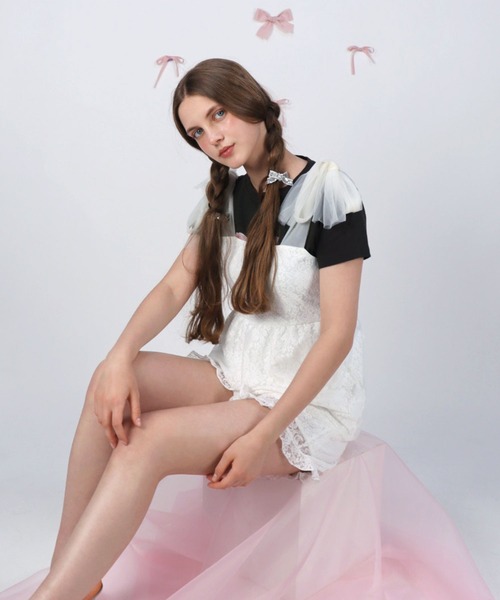 TITTY&CO.（ティティーアンドコー）の「リボンチュールレーストップス（キャミソール・レディース・ブラック/ホワイト・FREE）」の7枚目の写真