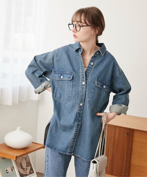 ANGIE（アンジー）の「ヴィンテージライク オーバーサイズ  デニム シャツジャケット（シャツ/ブラウス・レディース・ブルー/スミクロ/カーキ・FREE）」の19枚目の写真