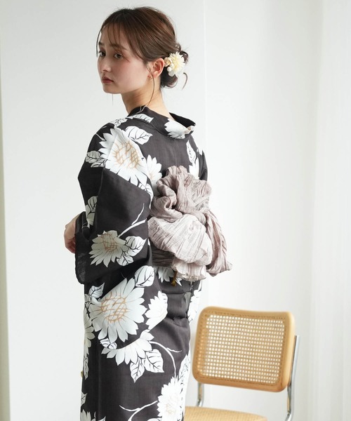 向日葵浴衣＆小物4点セット 浴衣3点セット 焦げ茶に向日葵（浴衣）｜