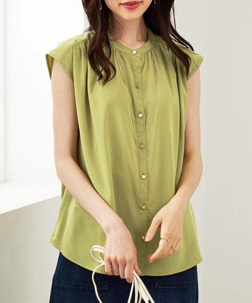 BELLUNA PLUS（ベルーナ）の「ギャザー使いフレンチスリーブブラウス（シャツ/ブラウス・レディース・イエロー/ネイビー/アイボリー/ブルーグリーン・MEDIUM/LARGE/X-LARGE）」の13枚目の写真