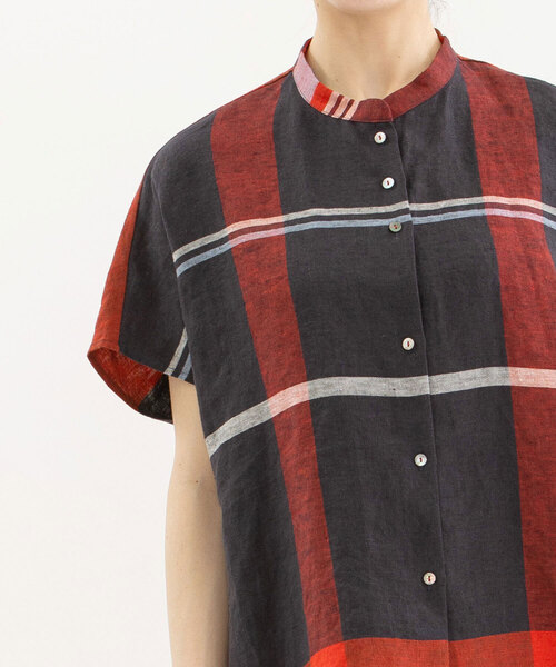 nop de nod（ノップドゥノッド）の「Cielリネンパネルチェックスタンドカラーシャツ（シャツ/ブラウス・レディース・ブラック/ダークグリーン/レッド・M）」の9枚目の写真