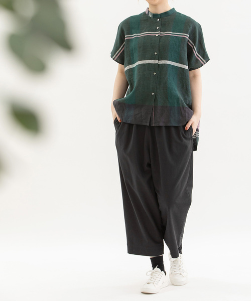 nop de nod（ノップドゥノッド）の「Cielリネンパネルチェックスタンドカラーシャツ（シャツ/ブラウス・レディース・ブラック/ダークグリーン/レッド・M）」の10枚目の写真