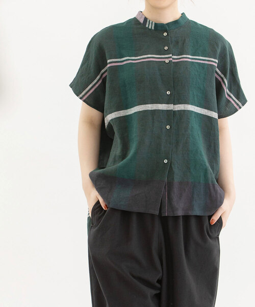 nop de nod（ノップドゥノッド）の「Cielリネンパネルチェックスタンドカラーシャツ（シャツ/ブラウス・レディース・ブラック/ダークグリーン/レッド・M）」の12枚目の写真