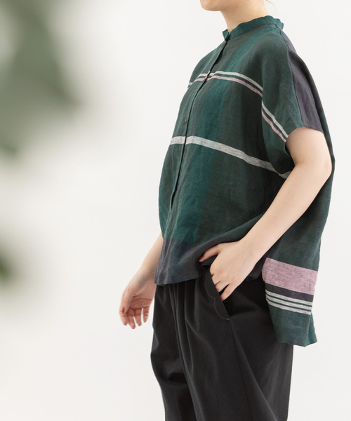 nop de nod（ノップドゥノッド）の「Cielリネンパネルチェックスタンドカラーシャツ（シャツ/ブラウス・レディース・ブラック/ダークグリーン/レッド・M）」の13枚目の写真