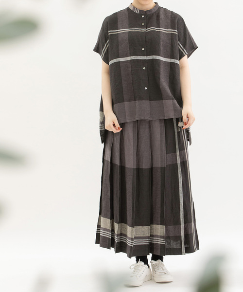 nop de nod（ノップドゥノッド）の「Cielリネンパネルチェックスタンドカラーシャツ（シャツ/ブラウス・レディース・ブラック/ダークグリーン/レッド・M）」の18枚目の写真