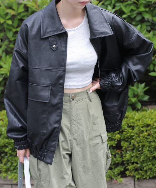 HALEY PESCA（ヘーリーペスカ）の「HALEY PESCA/合成皮革　 オーバーサイズ　BIGブルゾン（ブルゾン・レディース・チャコールグレー/ブラック/ブラウン・MEDIUM）」の4枚目の写真