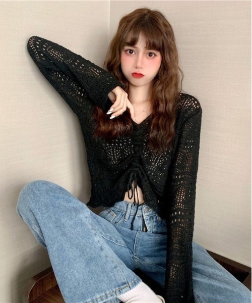 gossip!ロサンゼルス(ゴシップロサンゼルス)の「Y2K リボンシャーリング 透かし編み ニットブラウス(Tシャツ/カットソー・レディース・ブラック/オフホワイト/グリーン/ピンク・FREE)」の7枚目の写真