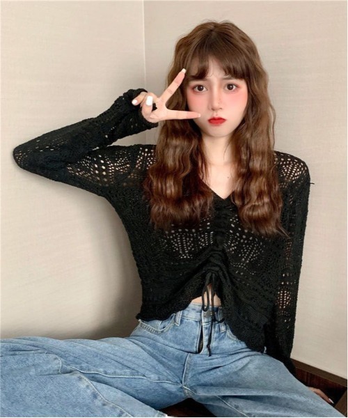 gossip!ロサンゼルス(ゴシップロサンゼルス)の「Y2K リボンシャーリング 透かし編み ニットブラウス(Tシャツ/カットソー・レディース・ブラック/オフホワイト/グリーン/ピンク・FREE)」の8枚目の写真