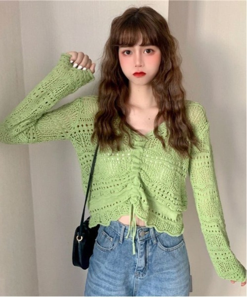 gossip!ロサンゼルス(ゴシップロサンゼルス)の「Y2K リボンシャーリング 透かし編み ニットブラウス(Tシャツ/カットソー・レディース・ブラック/オフホワイト/グリーン/ピンク・FREE)」の10枚目の写真