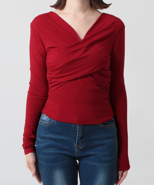 Julia Boutique(ジュリアブティック)の「ギャザーカシュクールカットソートップス(Tシャツ/カットソー・レディース・グレー/ブラック/レッド/ベージュ・ONE)」の10枚目の写真