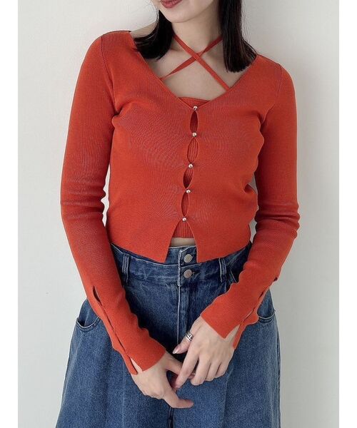 dazzlin(ダズリン)の「カーデタイトレイヤードリボントップス(ニット/セーター・レディース・アイボリー/オレンジ/ピンク/チャコールグレー/ブラック・FREE)」の6枚目の写真