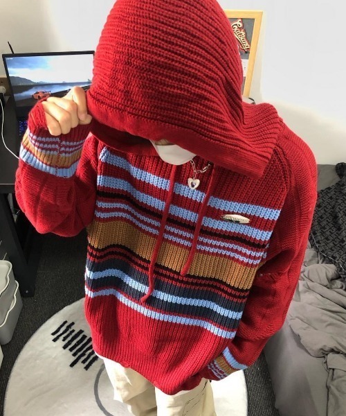 MGV（エムジーヴィー）の「マルチボーダーニットパーカー（ニット/セーター・メンズ・レッド/アイボリー/ネイビー・X-LARGE/LARGE/MEDIUM）」の3枚目の写真