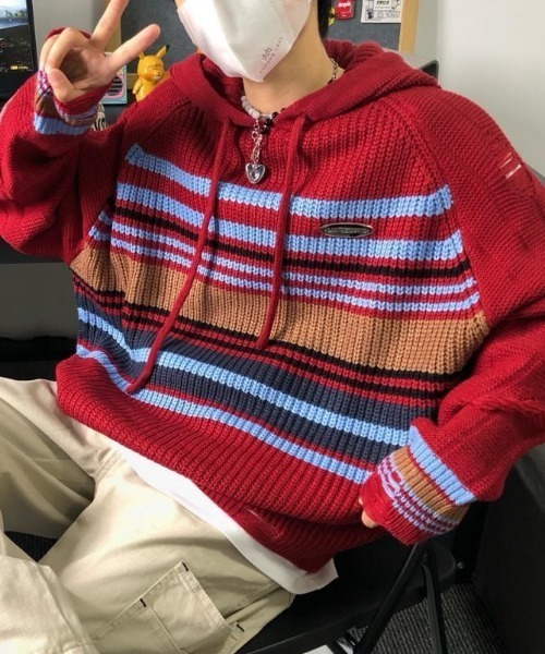 MGV（エムジーヴィー）の「マルチボーダーニットパーカー（ニット/セーター・メンズ・レッド/アイボリー/ネイビー・X-LARGE/LARGE/MEDIUM）」の11枚目の写真