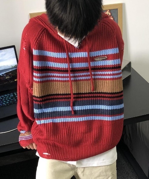 MGV（エムジーヴィー）の「マルチボーダーニットパーカー（ニット/セーター・メンズ・レッド/アイボリー/ネイビー・X-LARGE/LARGE/MEDIUM）」の10枚目の写真