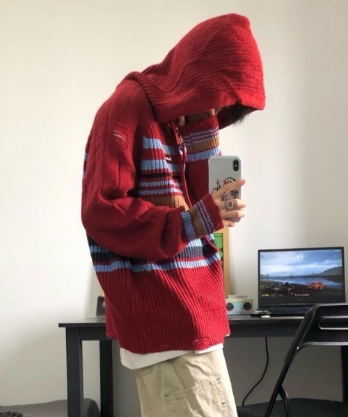 MGV（エムジーヴィー）の「マルチボーダーニットパーカー（ニット/セーター・メンズ・レッド/アイボリー/ネイビー・X-LARGE/LARGE/MEDIUM）」の8枚目の写真