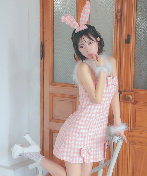 ふわふわフェザー付き台形スカートリボンガーリーツイードチェックペアバニー [3点セット]_（コスチューム/パーティーグッズ）｜Tika（ティカ）