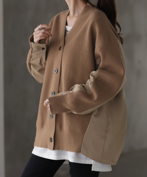 HUG.U(ハグユー)の「「 ニット × シャツ 」カーディガン(カーディガン/ボレロ・レディース・ダークグリーン/ブラック/ブラウン/グレー・FREE)」の3枚目の写真