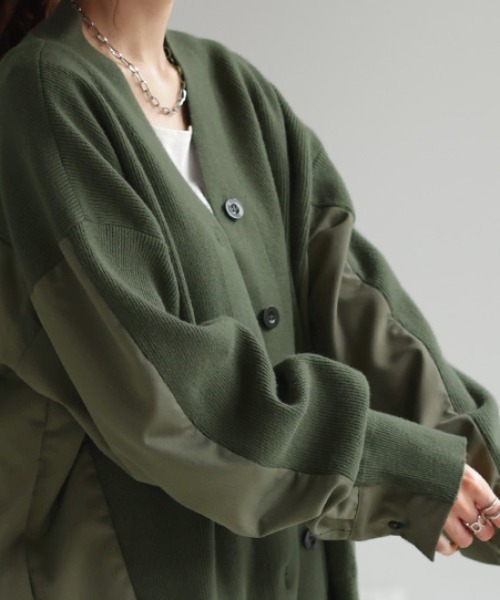 HUG.U(ハグユー)の「「 ニット × シャツ 」カーディガン(カーディガン/ボレロ・レディース・ダークグリーン/ブラック/ブラウン/グレー・FREE)」の7枚目の写真