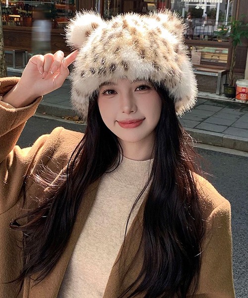 セール】レオパード柄 くま耳 フェイクファー ビーニー キャップ