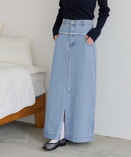 titivate（ティティベイト）の「デニム切り替えストレートスカート（デニムスカート・レディース・インディゴブルー/グレー/ライトブルー・FREE）」の2枚目の写真