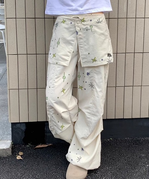 ELFSACK スカート 猫柄 落書き カーゴパンツ セール】【2WAY】ラップスカート付 落書きデザインカーゴパンツ