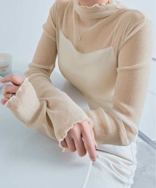 kirakiraShop（キラキラショップ）の「ラメのきらめきで魅せる、大人可愛いシースルートップス（Tシャツ/カットソー・レディース・ブラック/モカ/ブルー/ピンク/グレー/ブラウン/ベージュ/ホワイト・FREE）」の7枚目の写真